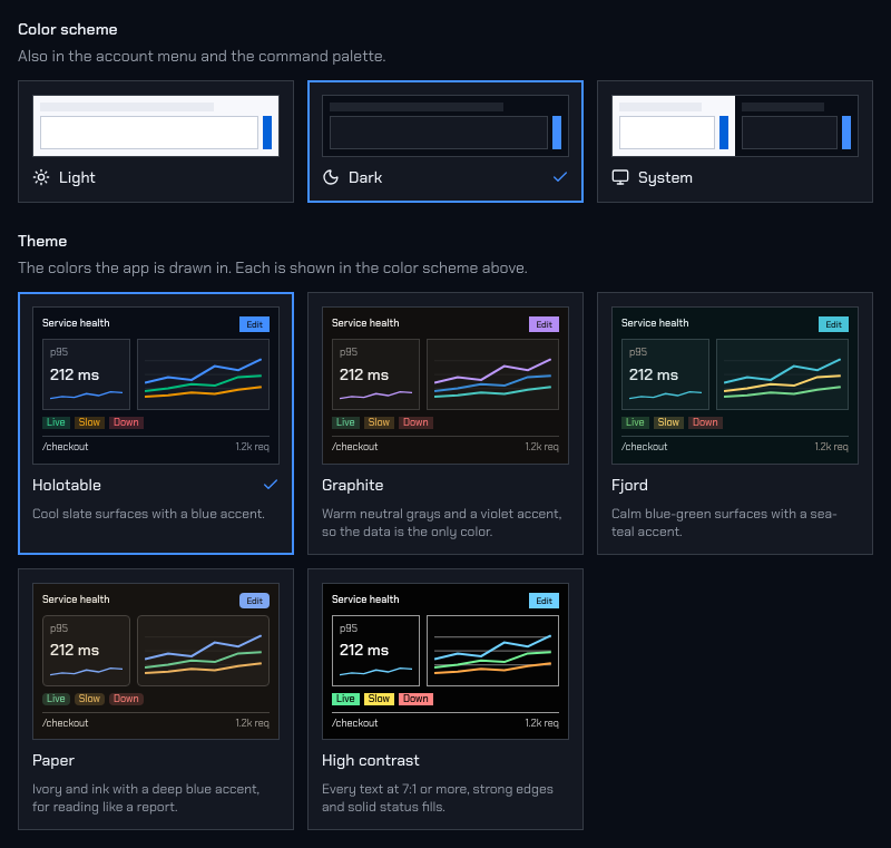 Settings, Appearance: the color scheme cards above a gallery of five theme previews, the chosen one checked.